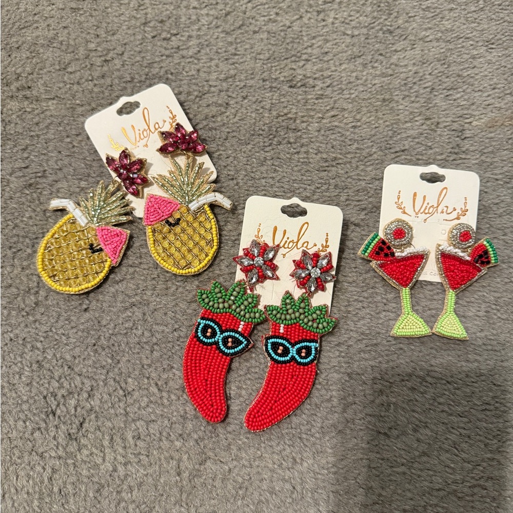 Viola Beaded Earrings Set of 3 Pineapple Chili Watermelon Martini NWT